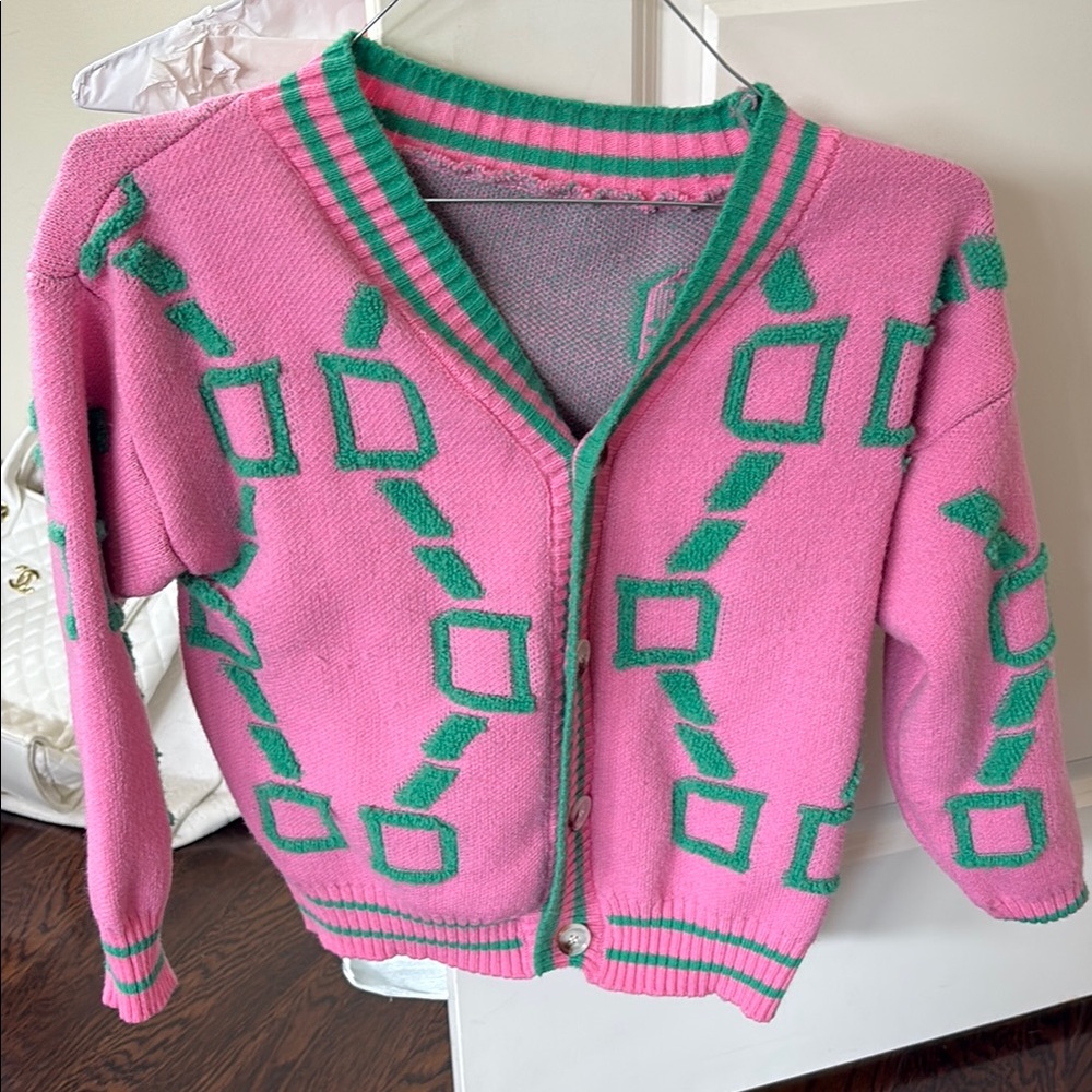 Pink and Green Geometric Women's Sweater